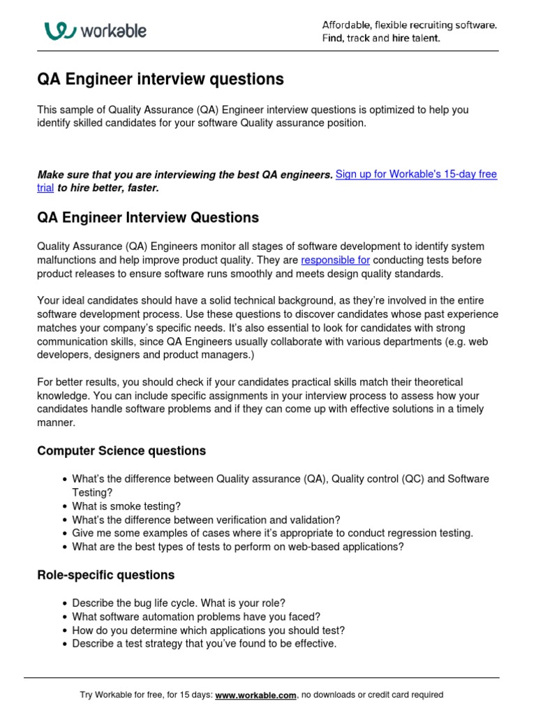 Qa Engineer Interview Questions PDF Quality Assurance Software