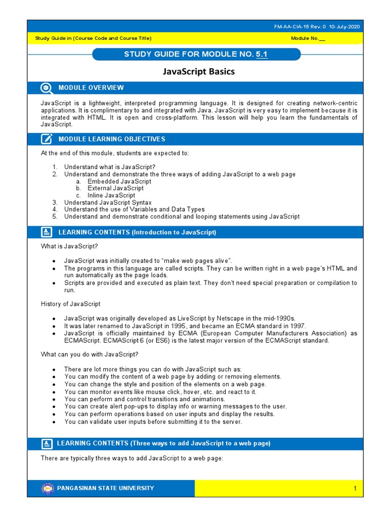 Javascript Basics: Study Guide For Module No. 5.1 | PDF | Java Script ...