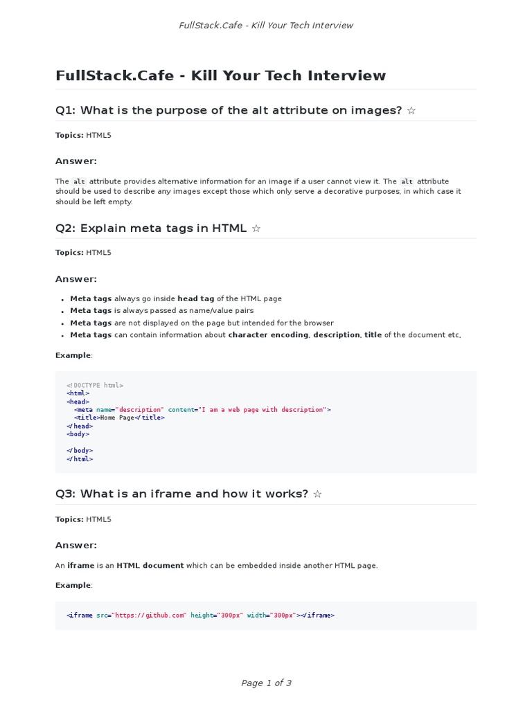 HTML5 Interview Questions Explained | PDF | Html | Html Element