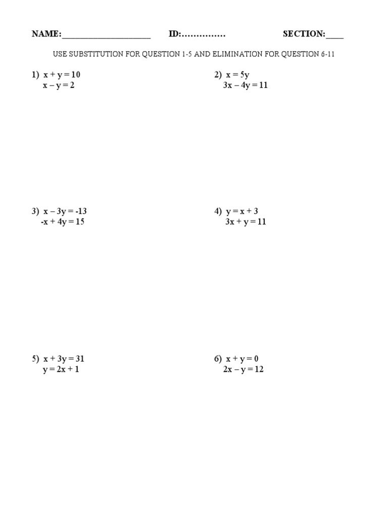 Substitution Elimination Worksheet | PDF