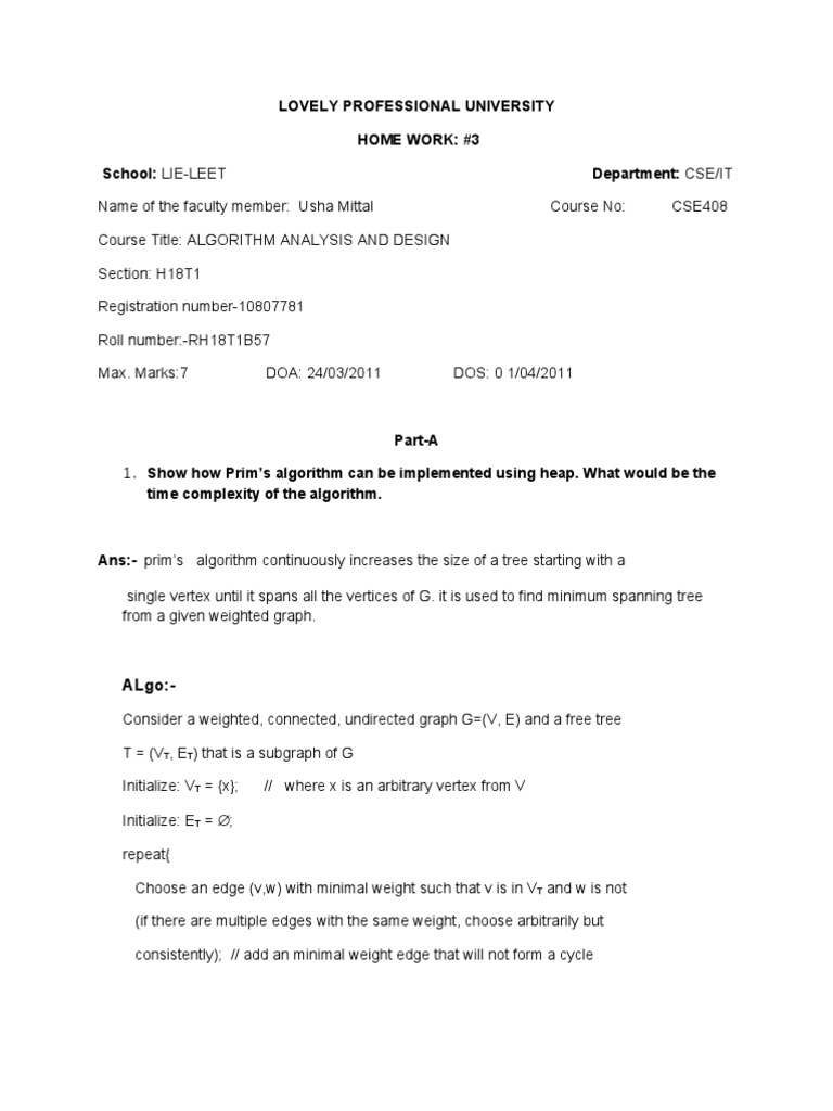 Prim's Algorithm Implementation and Analysis | PDF | Mathematical Logic ...