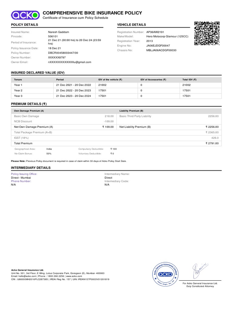 Comprehensive Bike Insurance Policy PDF Insurance Deductible