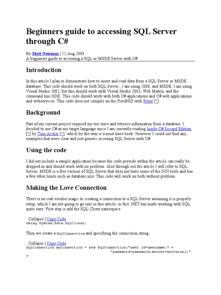 Beginners Guide To Accessing SQL Server Through C # | PDF | Microsoft ...