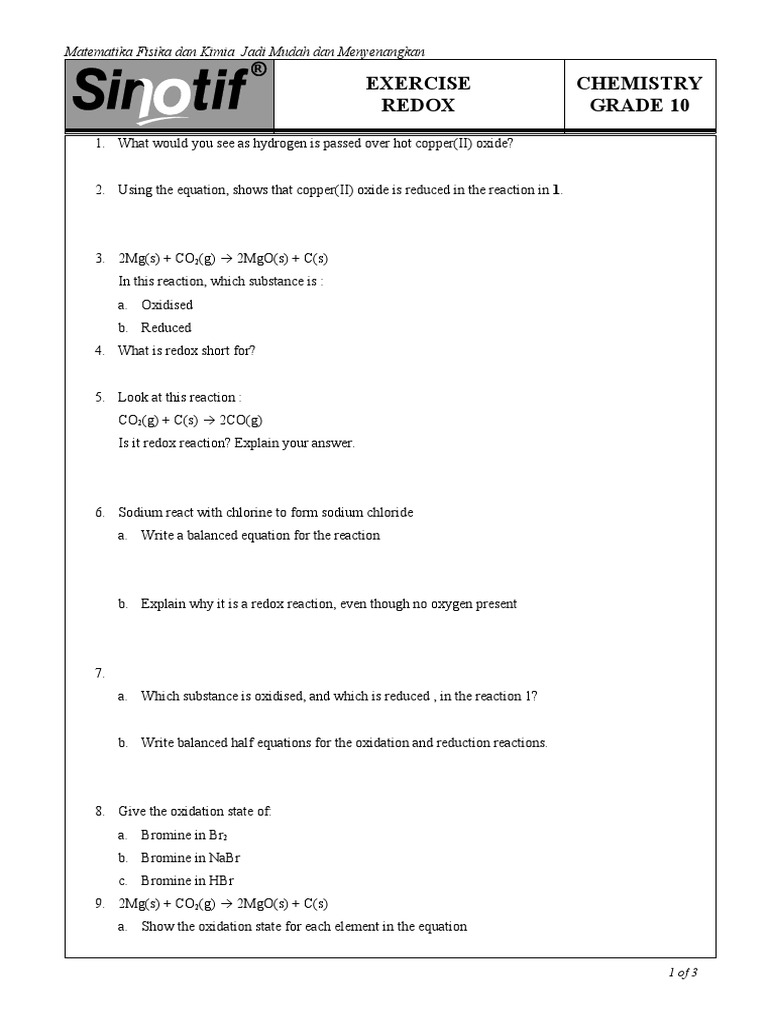 Exercise Redox Chemistry Grade 10 Matematika Fisika Dan Kimia Jadi