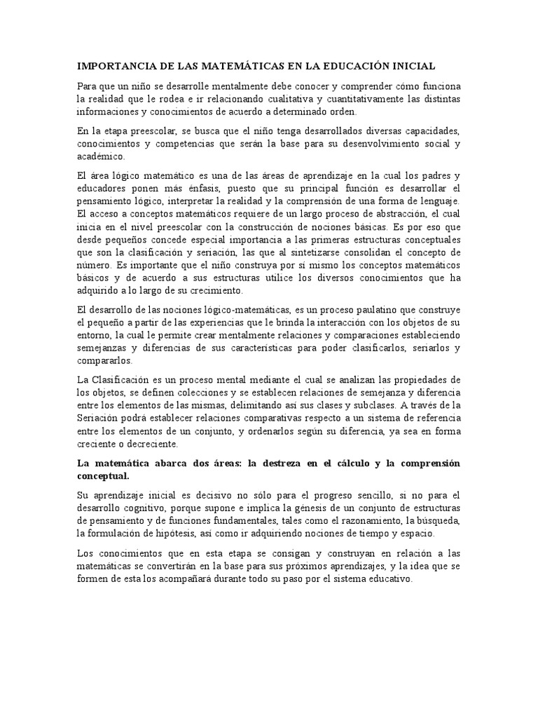 Importancia de Las Matemáticas en La Educación Inicial | PDF ...