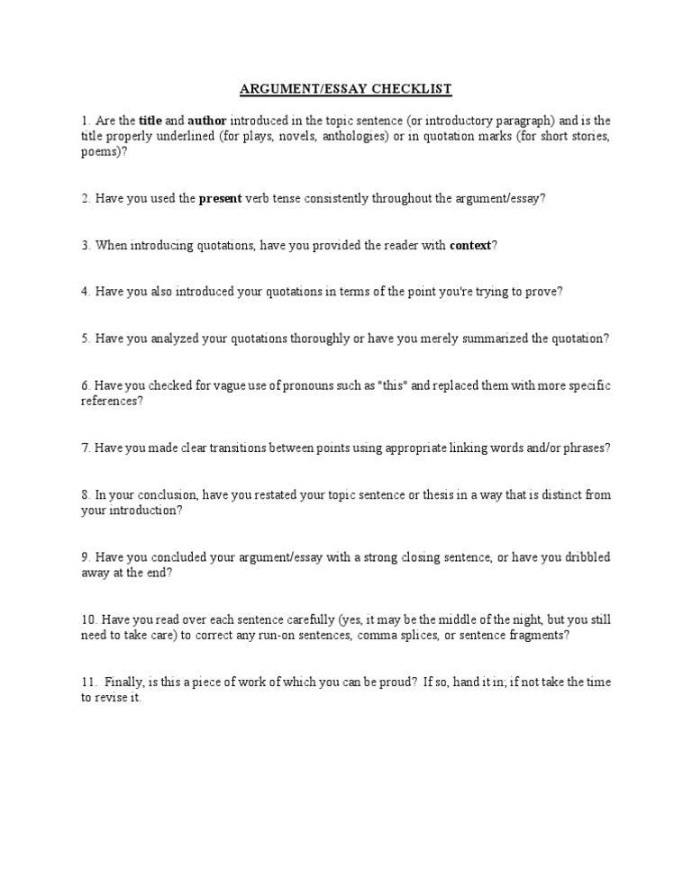 Argument Essay Writing Checklist | PDF | Language Arts & Discipline