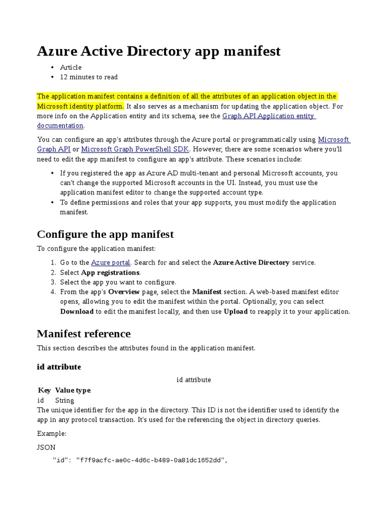 Configuring Azure AD App Manifest | PDF | Web Application | Json