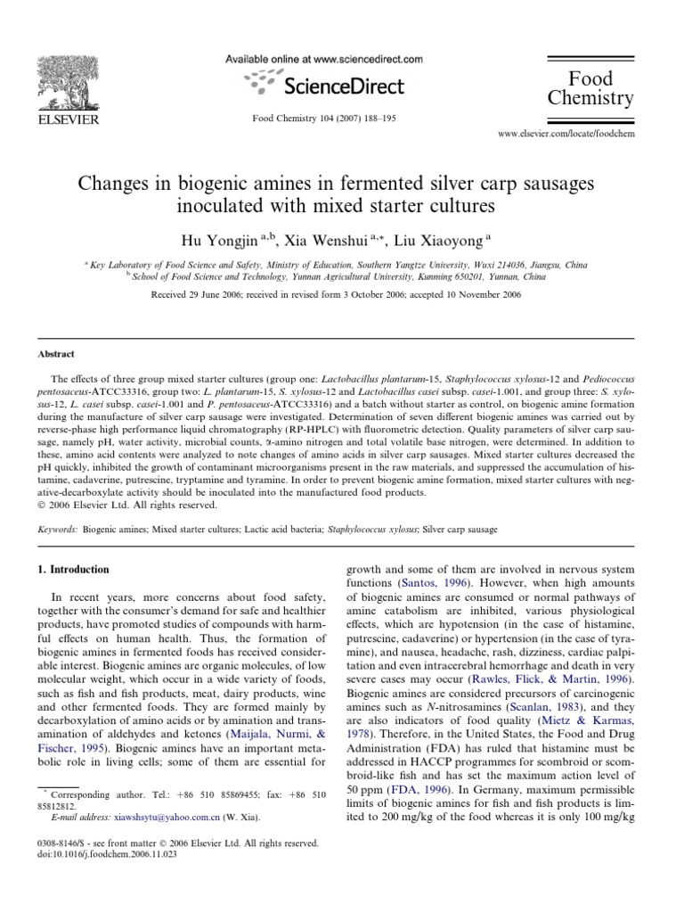 Changes in Biogenic Amines in Fermented Silver Carp Sausages Inoculated