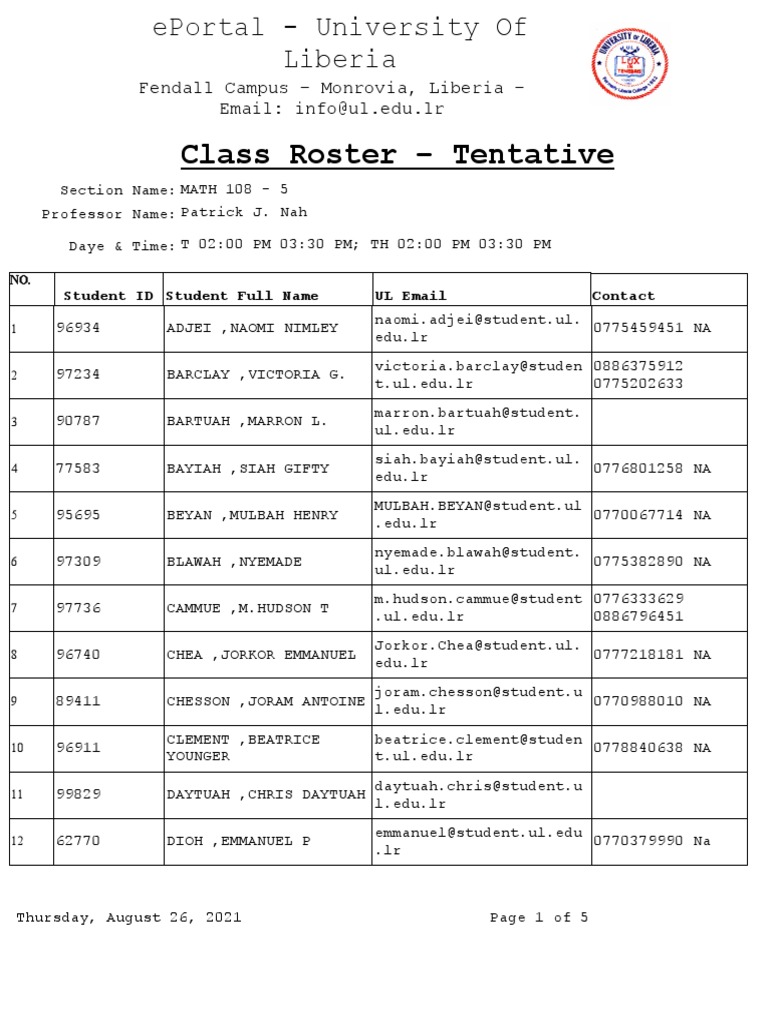 MATH 108 Class Roster - Fendall Campus | PDF