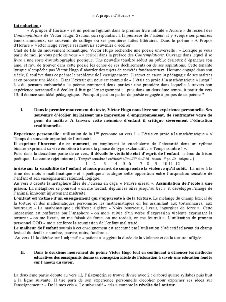Exemple De Commentaire Composé Corrigé Victor Hugo Pdf Texte 3, Analyse, A Propos D'horace, Victor Hugo | PDF | Métaphore | Victor  Hugo