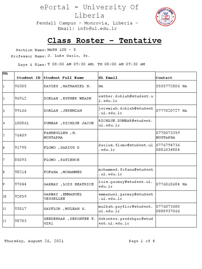 Class Roster - Tentative: Fendall Campus - Monrovia, Liberia - Email ...