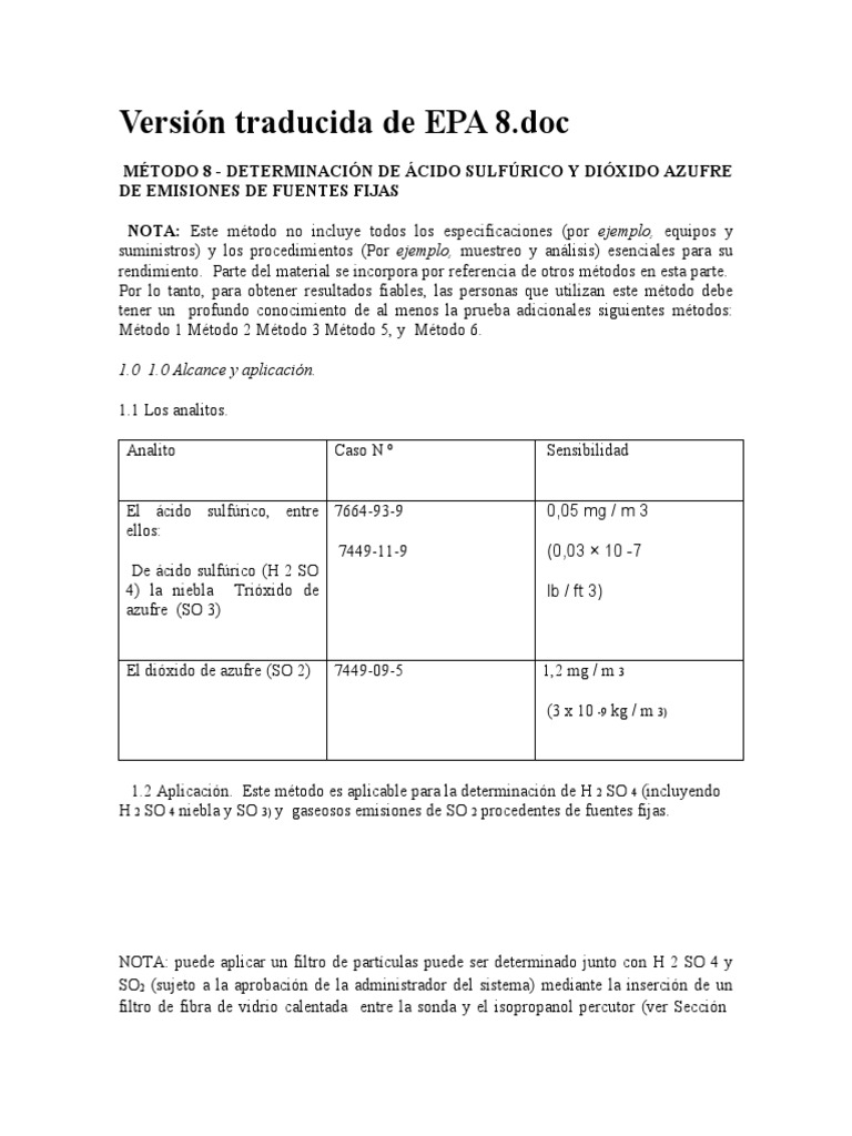 Método EPA 8: Análisis de SO2 y H2SO4 | PDF | Química | Valoración