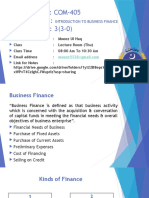 Course Code: COM-405 Course Title: Credit Hours: 3 (3-0) : Introduction To Business Finance