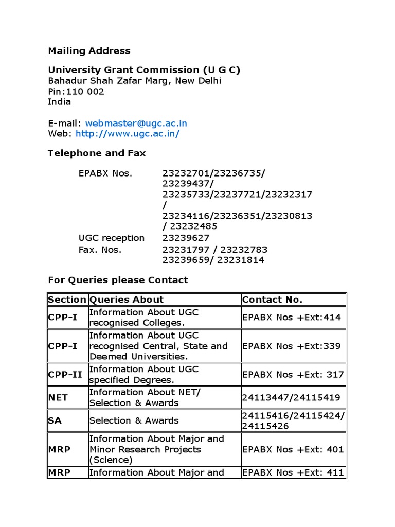 Mailing Address University Grant Commission (U G C) : Webmaster@ugc ...