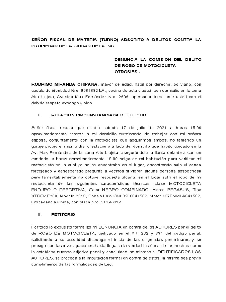 Denuncia por robo de motocicleta | PDF | Justicia | Crimen y violencia