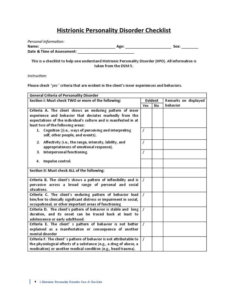Histrionic Personality Disorder Checklist | PDF | Personality Disorder ...