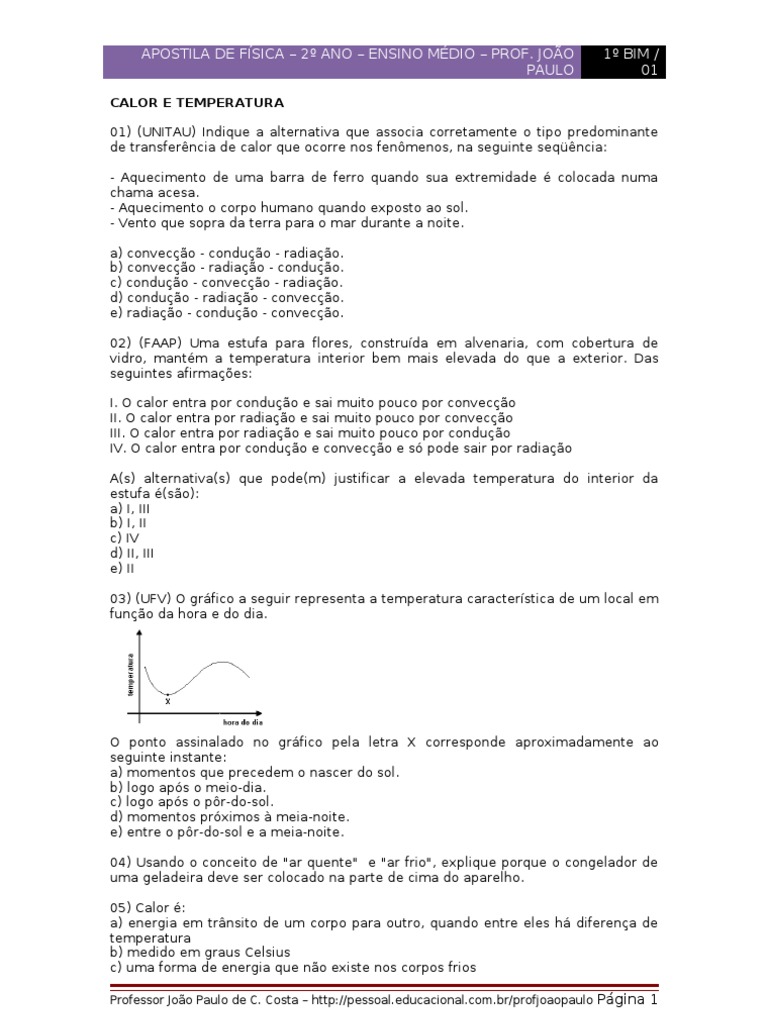 Guia de Física sobre Calor e Temperatura com questões e explicações ...