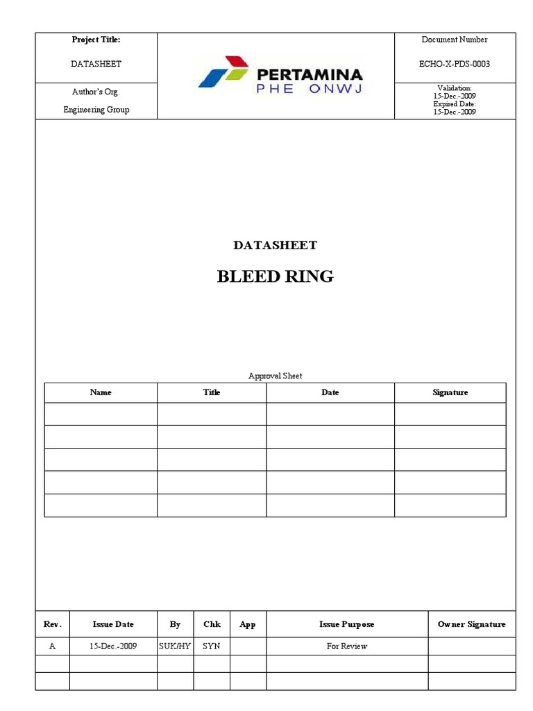Bleed Ring Datasheet (For Standard) PDF Pipe (Fluid Conveyance) Materials