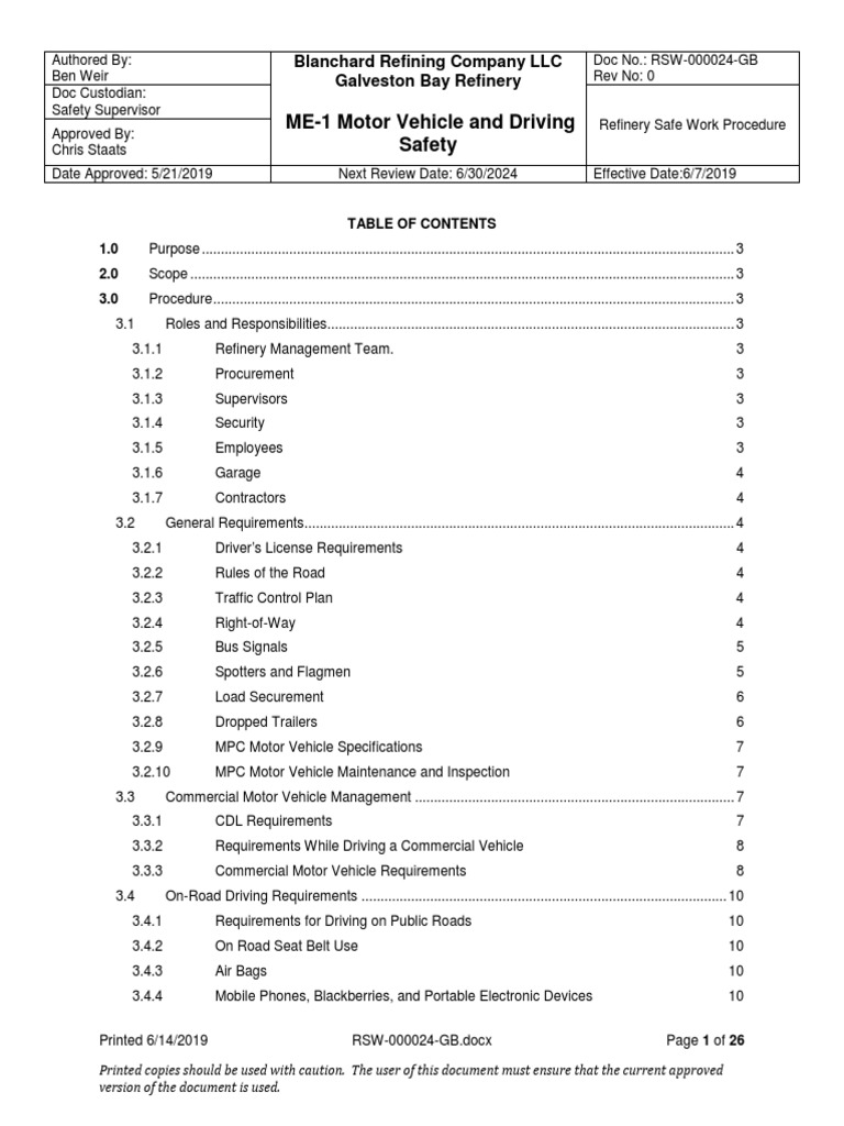 ME1 Motor Vehicle and Driving Safety Blanchard Refining Company LLC