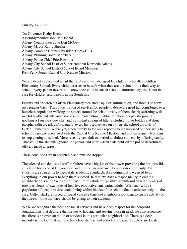 Giffen Elementary Safety Concerns Letter PDF Homelessness