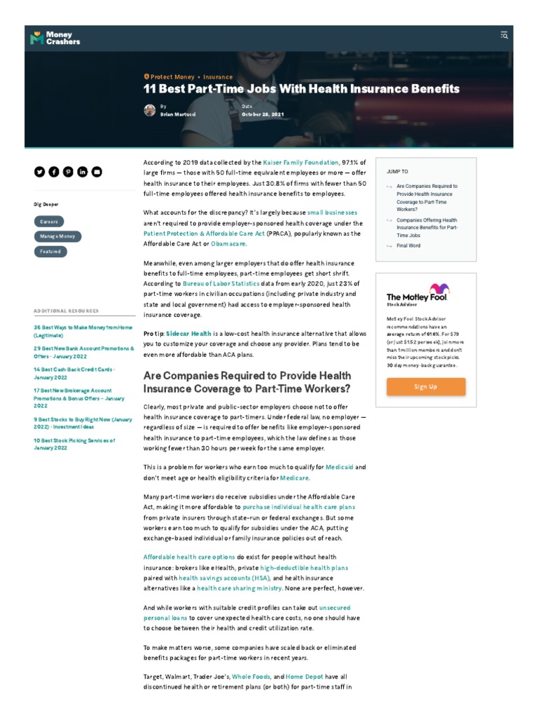 11 Best Part-Time Jobs With Health Insurance Benefits | PDF ...