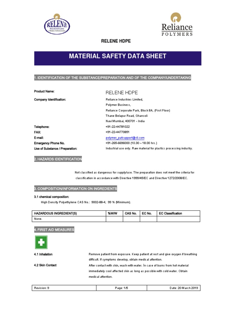 MSDS Relene HDPE PDF Combustion Toxicity