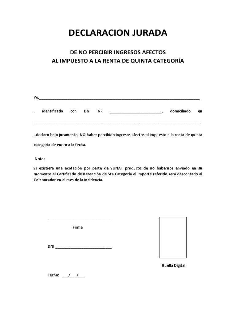 Anexo 4 - Declaracion Jurada de No Percibir Ingresos Afectos A La 5ta ...