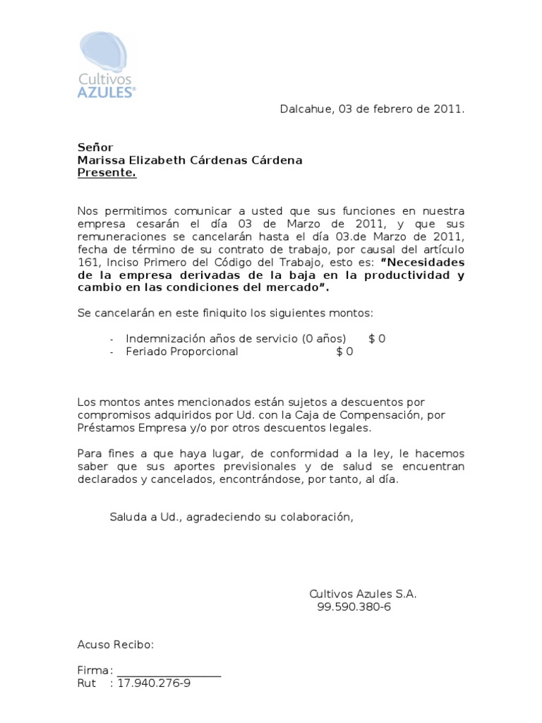 Formato carta despidoaviso 30 días