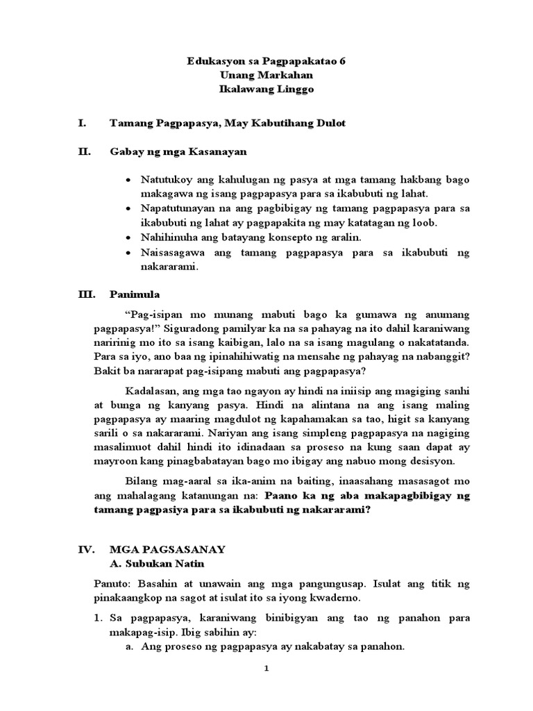 Esp 6 Worksheets Week 2 | PDF