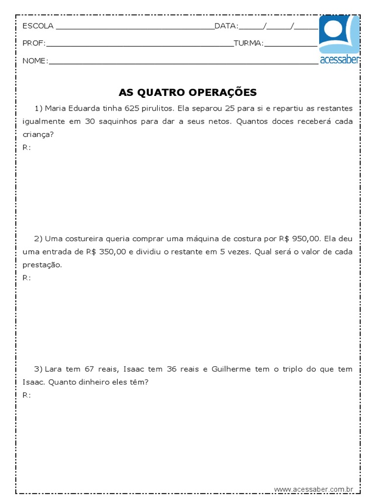 Atividade de Matematica Problemas As Quatro Operacoes 5 Ano | PDF