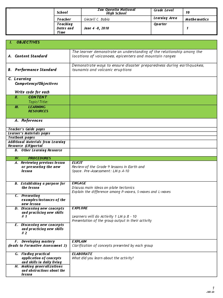 7E's Lesson Plan for Grade 10 Math | PDF | Learning | Educational ...
