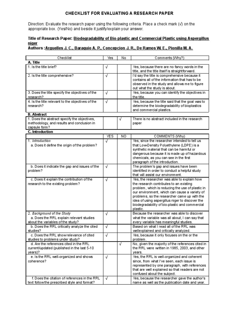 checklist for evaluating a research paper