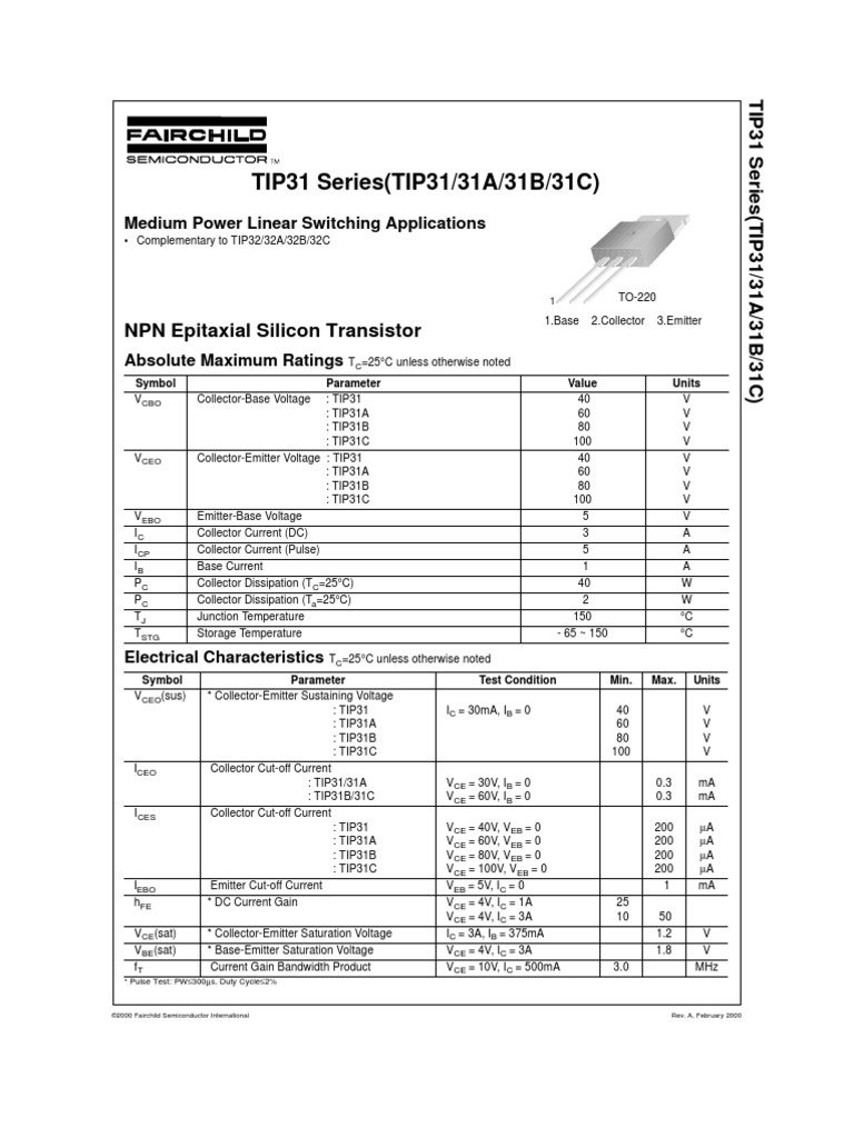 TIP31 Series (TIP31/31A/31B/31C) : NPN Epitaxial Silicon Transistor | PDF