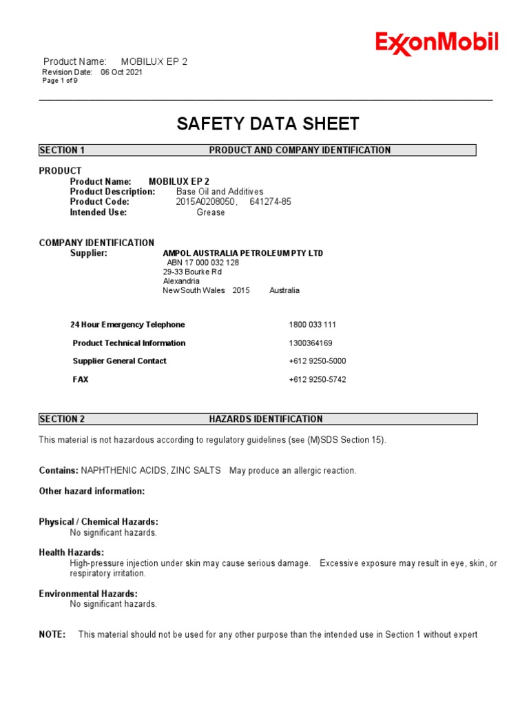 Safety Data Sheet Product Name MOBILUX EP 2 Download Free PDF