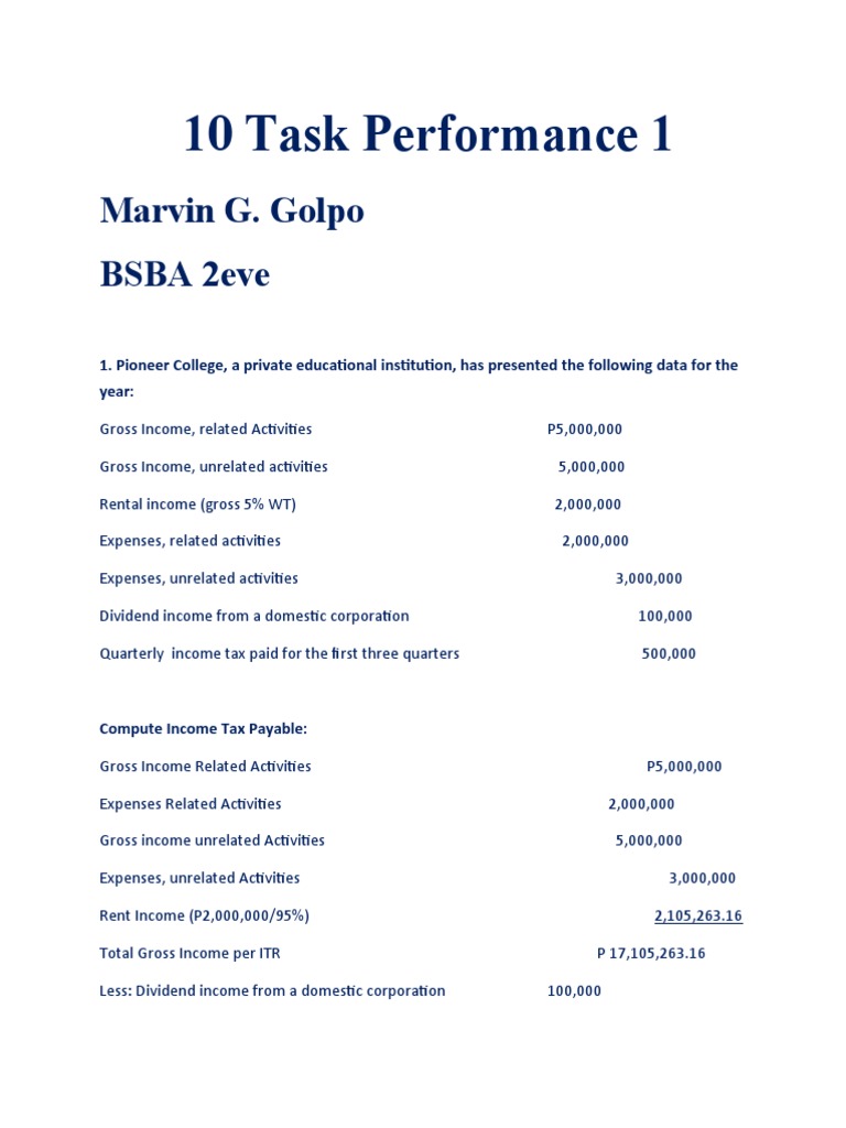 Golpo 10 Task Performance 1.taxation | PDF | Taxes | Gross Income