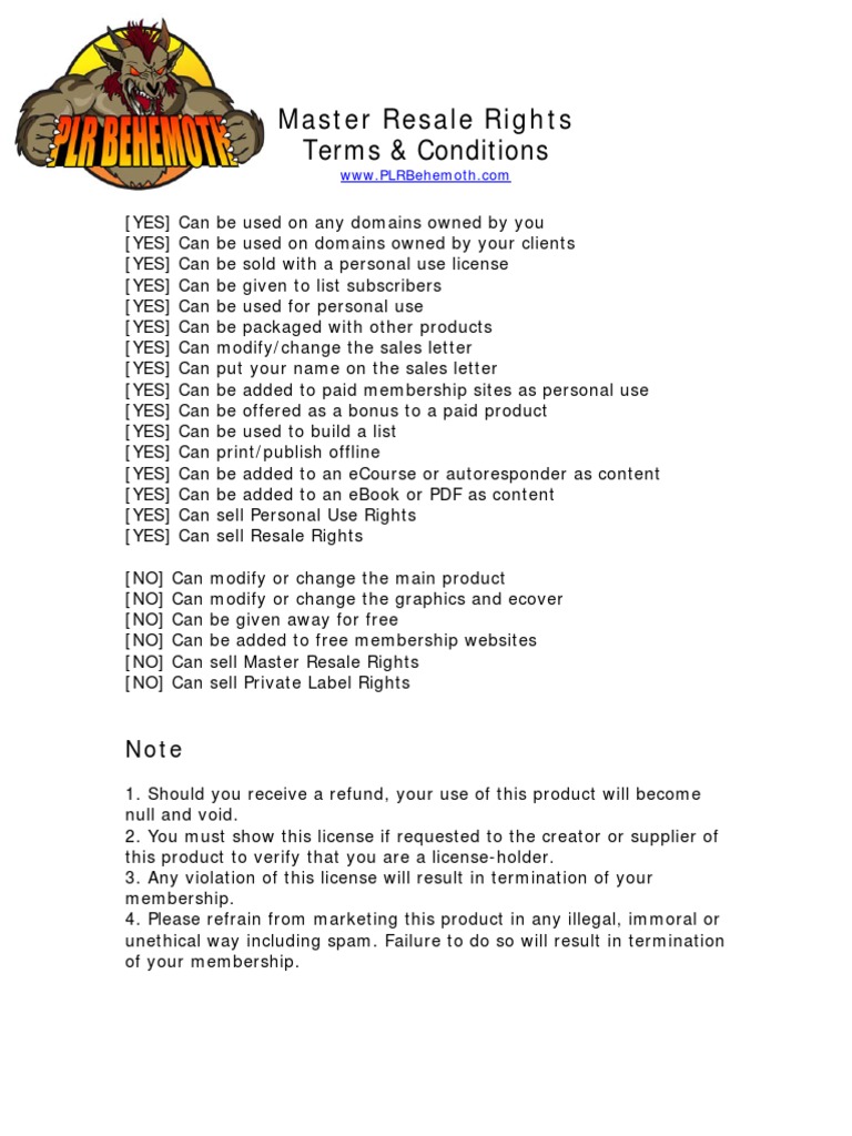 PLR Behemoth - Master Resale Rights License | PDF | License 