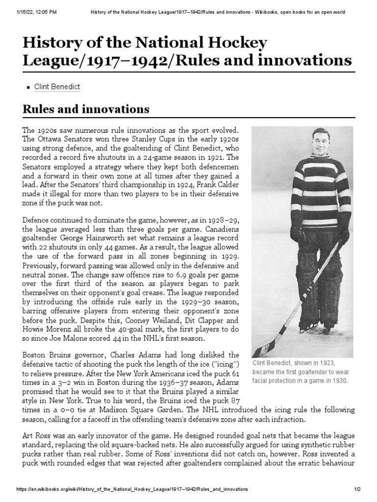 History of The National Hockey League 19171942 Rules and