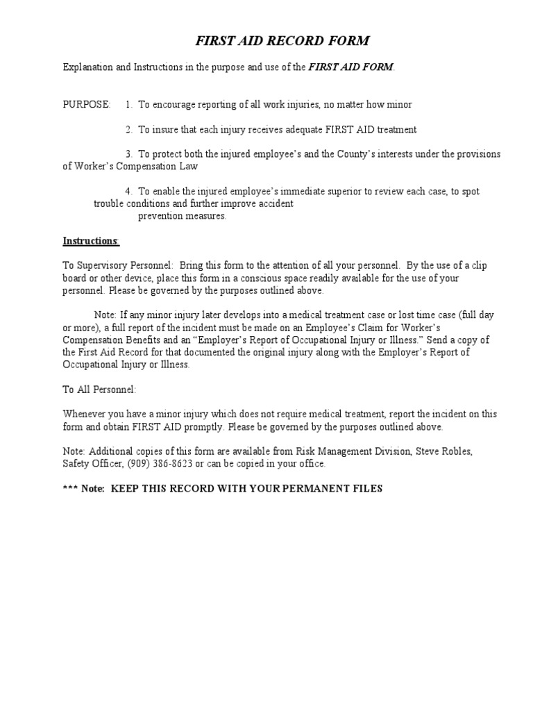 First Aid Record Form: Instructions | PDF