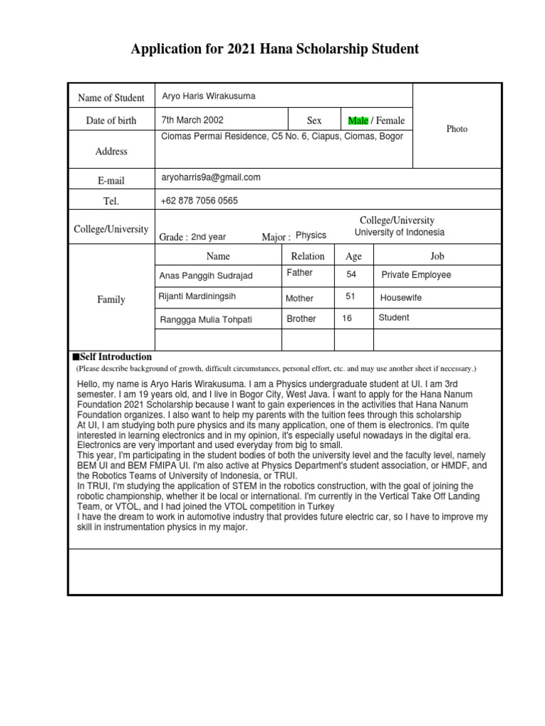 2021 Hana Scholarship Application: Aryo Wirakusuma | PDF | Academia ...