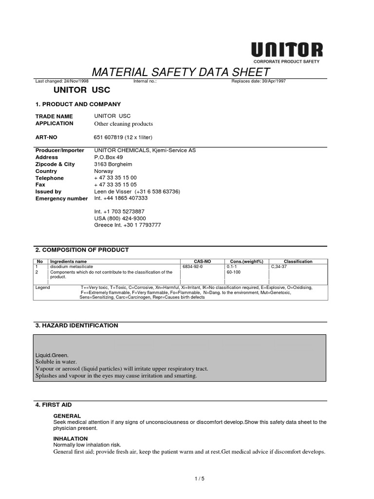 Material Safety Data Sheet Unitor Usc PDF Firefighting Personal Protective Equipment