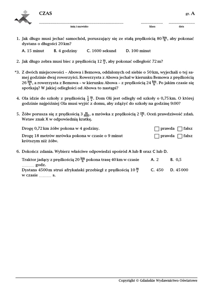 Sprawdzian Z Matematyki Klasa 6 Prędkość Droga Czas Odpowiedzi Klasa 6. Predkosc, Droga, Czas CZAS | PDF