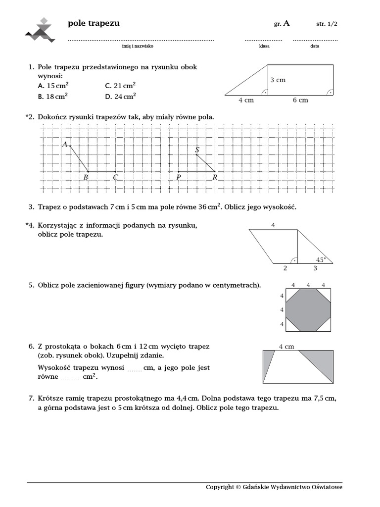 Sprawdzian Z Matematyki Klasa 6 Pola Wielokątów