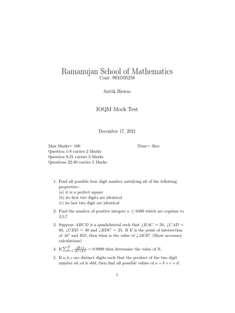 Ramanujan School Of Mathematics Ioqm Mock Test Pdf Triangle
