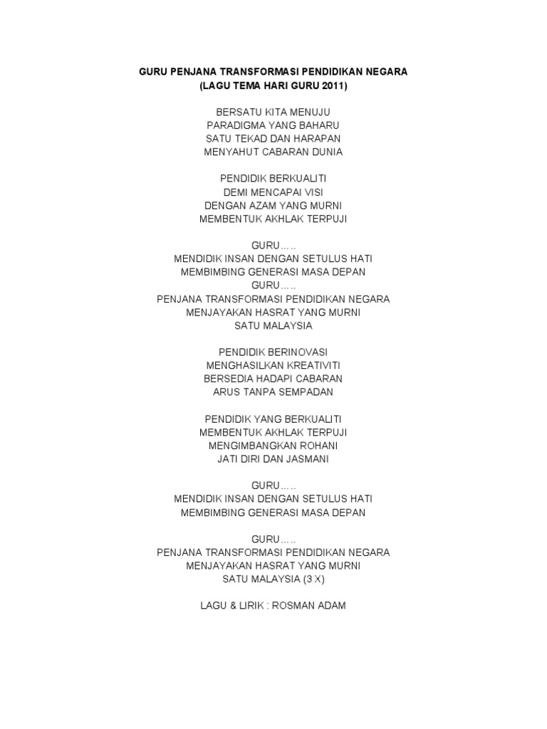 Lirik Lagu Guru Penjana Transformasi Pendidikan Negara