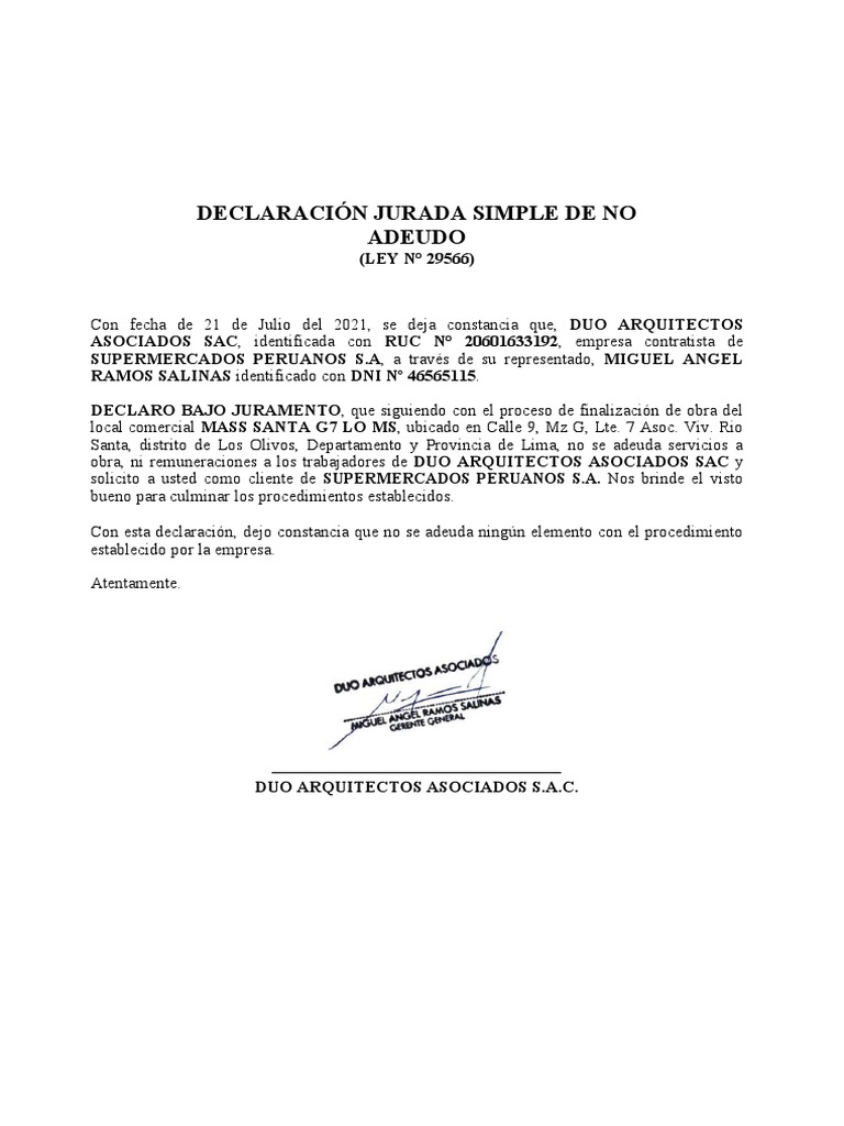 Declaración Jurada de No Adeudo | PDF