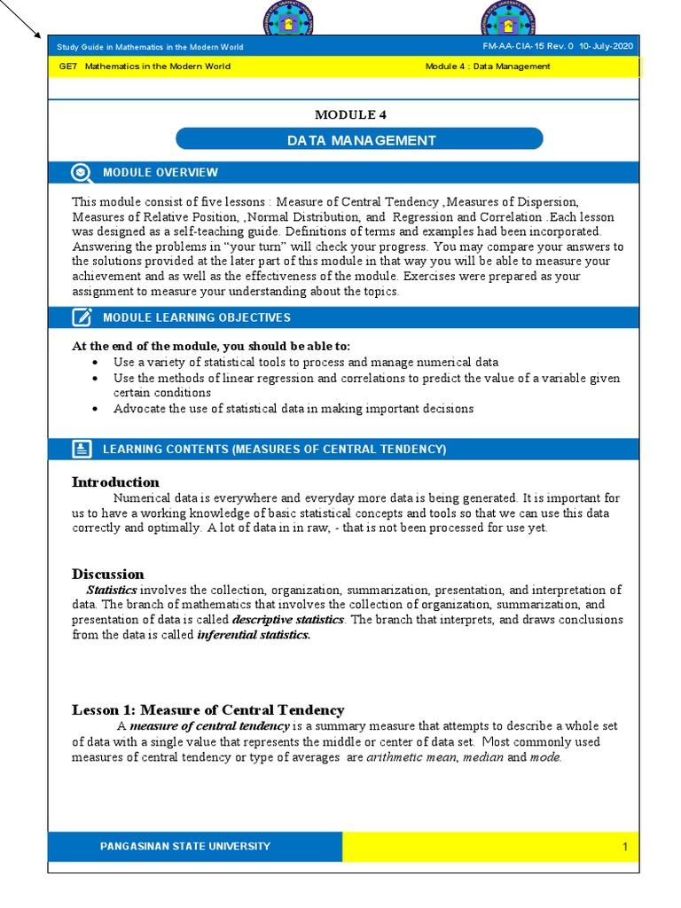 Data Management: Module Overview | PDF | Mean | Statistics