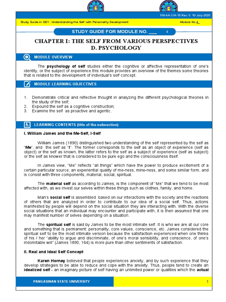 Chapter I: The Self From Various Perspectives D. Psychology: Study ...