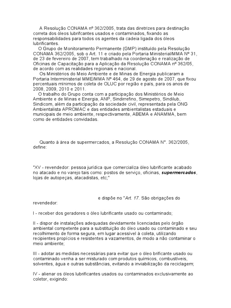 Diretrizes da Resolução CONAMA 362/2005 | PDF | Petróleo