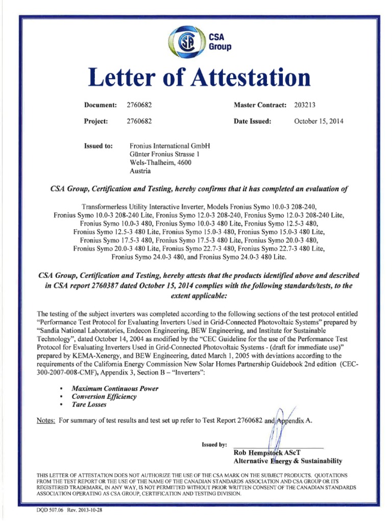 SE CER Letter of Attestation CEC-US Fronius Symo EA | PDF