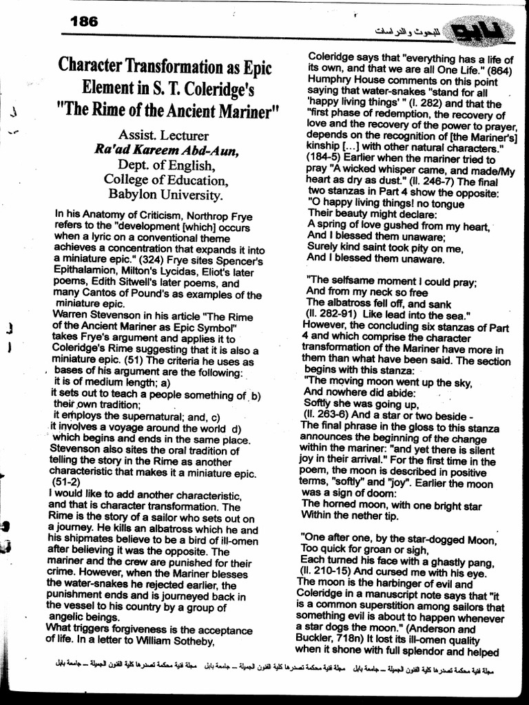 Character Transformation As Epic Element in S. T. Coleridge's The Rime